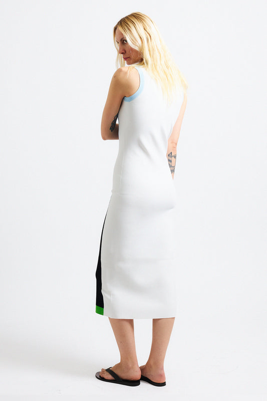 Link to "Daniella" dress. Image is of a female model wearing crewneck sleeveless colorblock dress. Pattern in baby blue along chest into a black on the waist and legs, ending on a wide green hem. Back of the dress is white. 